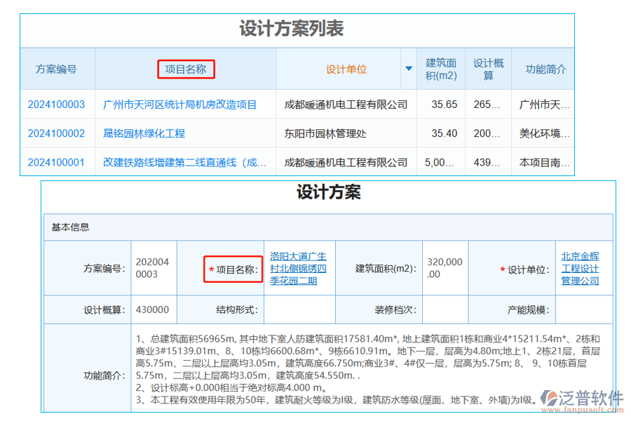 設(shè)計(jì)方案列表中【項(xiàng)目名稱】字段