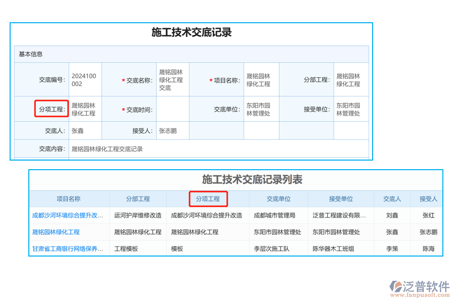 施工技術(shù)交底列表中【分項工程】字段