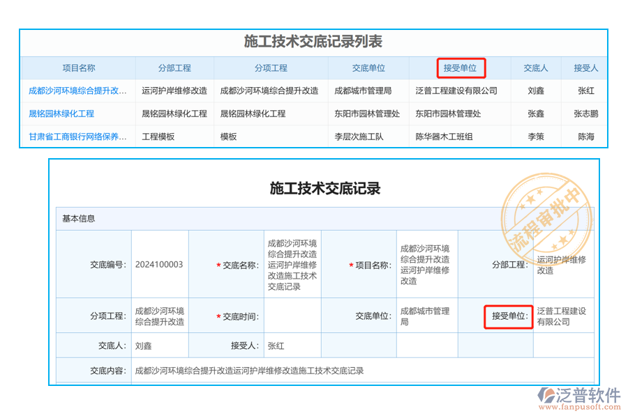 施工技術(shù)交底列表中【接受單位】字段