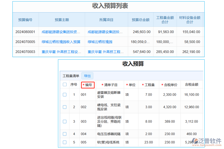 收入預(yù)算列表中【工程量清單編號】字段