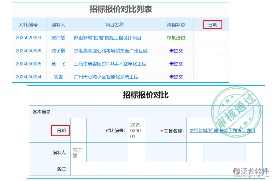 招標(biāo)報(bào)價(jià)對(duì)比列表中【日期】字段