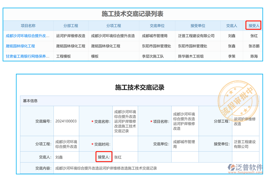 施工技術交底列表中【接受人】字段