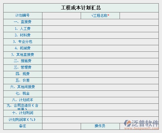 工程成本計劃匯總圖